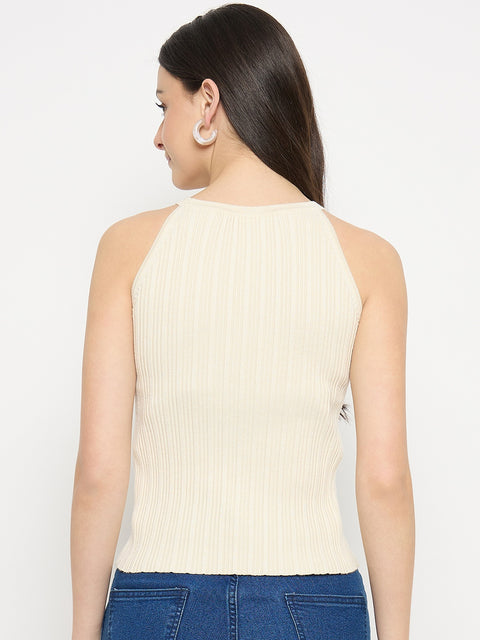 Madame Beige Viscose Blend Halter Neck Knitted Top