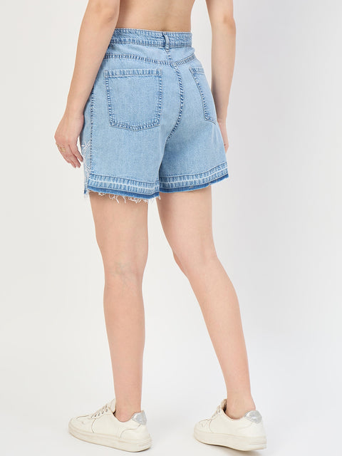 Madame Mid Blue Cotton Tencel Embroidered Denim Shorts