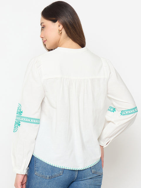 Madame Cotton Blend Balloon Sleeve White Top
