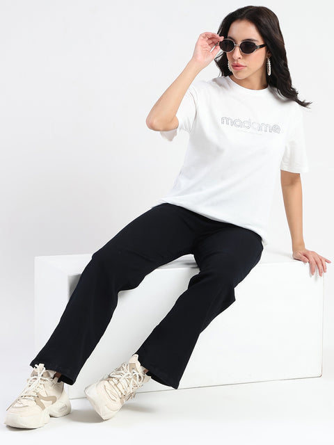 Madame Swarovski and Print Sticker White Cotton T-shirt