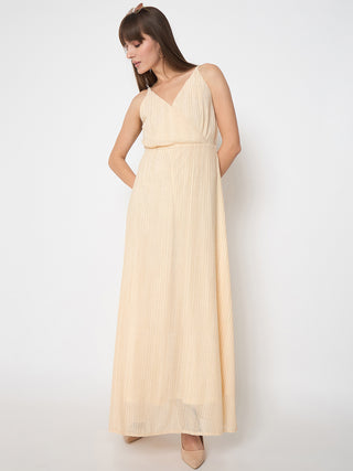 Madame Golden Buckled Strap Self Design Beige Maxi Dress