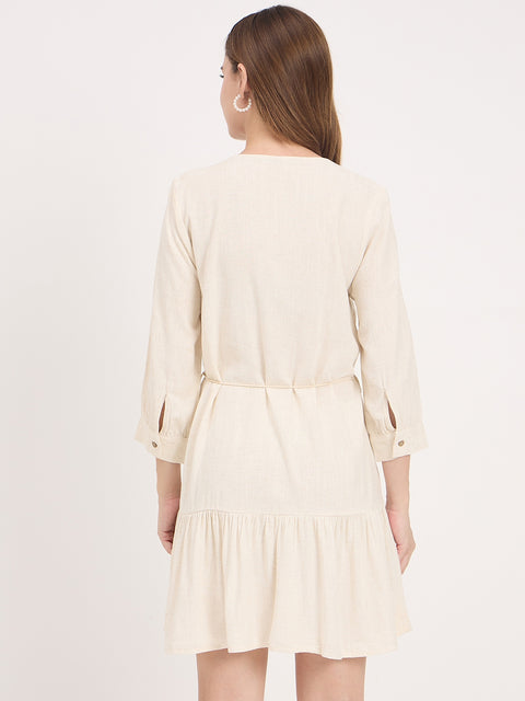 Madame Beige Embroidered Rayon Linen Puff Sleeve Midi Dress