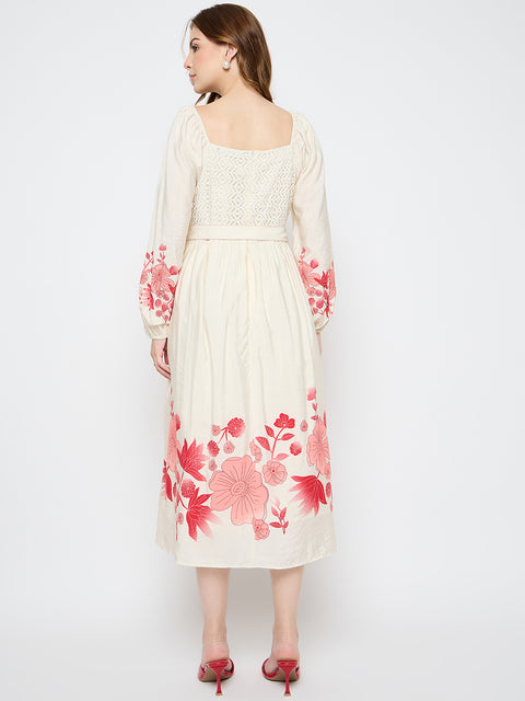 Madame Floral Print Belted Beige Rayon Midi Dress