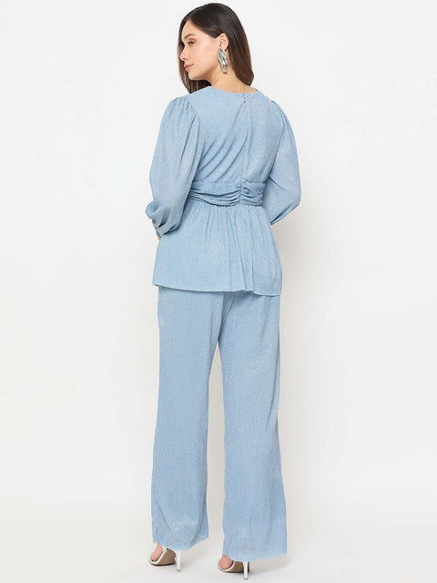Back view of the Madame Surplice Neck Blue Co-ord Set showcasing its elegant design and relaxed fit.