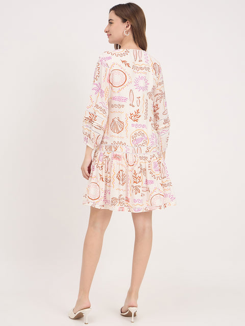 Madame Off White Printed Rayon A-Line Midi Dress