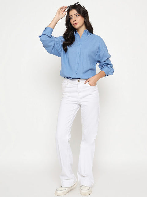 Madame Linen Blend Solid Cobalt Blue Shirt