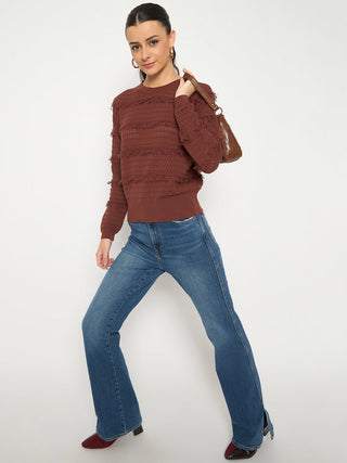 Madame Fringe Textured Chocolate Brown Cotton Sweater