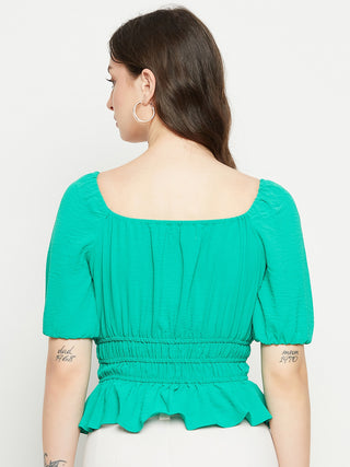 Madame Ruched Waist Tie-Front Green Peplum Top