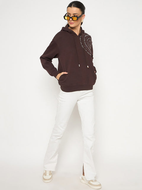 Madame Placement Printed Pearl Detailed Brown Sweatshirt