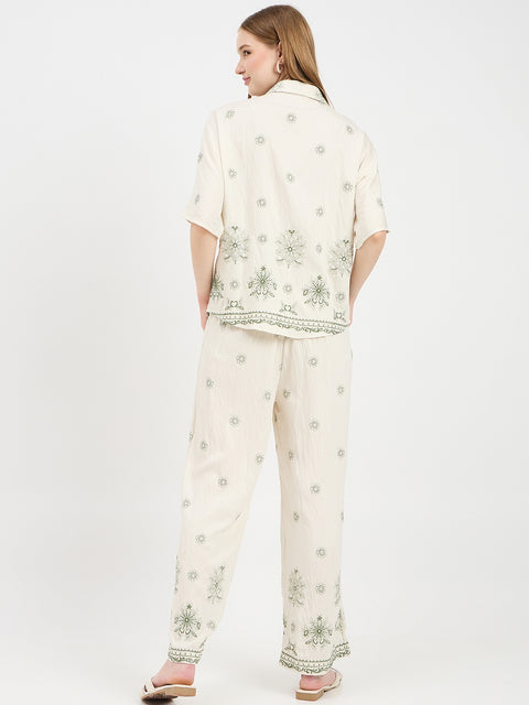 Madame Embroidered Beige Rayon Co-ord Set