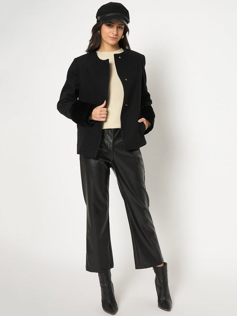 Madame Front Pocketed Round Neck Black Short Coat