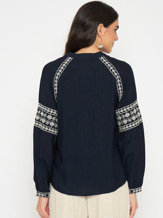 Madame Embroidered Navy Blue Rayon Blend Top