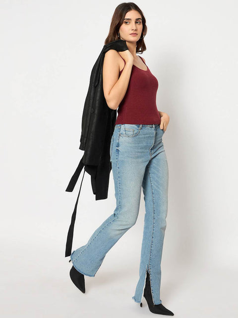 Madame Sleeveless Solid Red Ribbed Knit Sweater