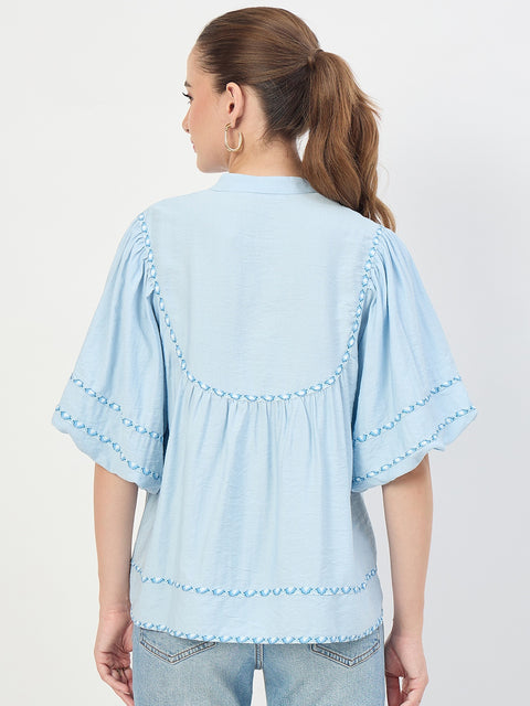 Madame Blue Aura Rayon Ruffle Top with Embroidery Trim