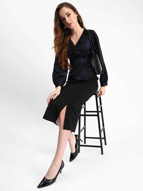 Madame Self Design Wrap Style Front Bishop Sleeve Black Top