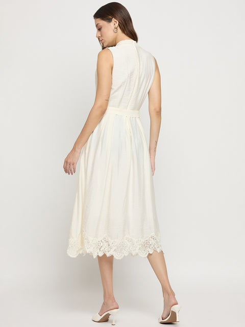 Madame Off White Viscose Mandarin Collar Midi Dress