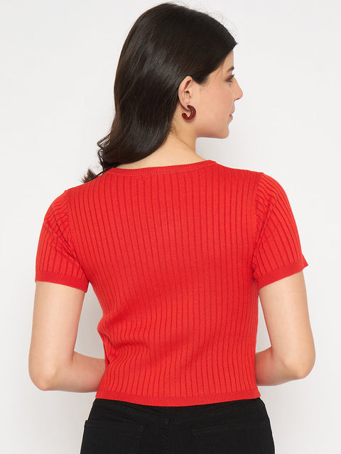 Madame Ribbed Sold Red Knitted Crop Top