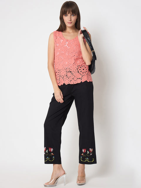 Madame Crochet Sleeveless Solid Coral Top