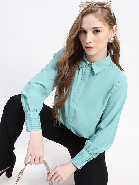 Madame Cuffed Sleeve Solid Mint Green Shirt