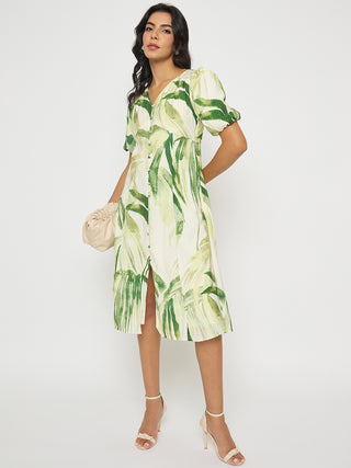 Madame Botanical Print Lace Insertion Off White Midi Dress