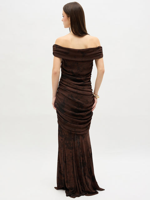 Madame Brown Mesh Off-Shoulder Bodycon Dress
