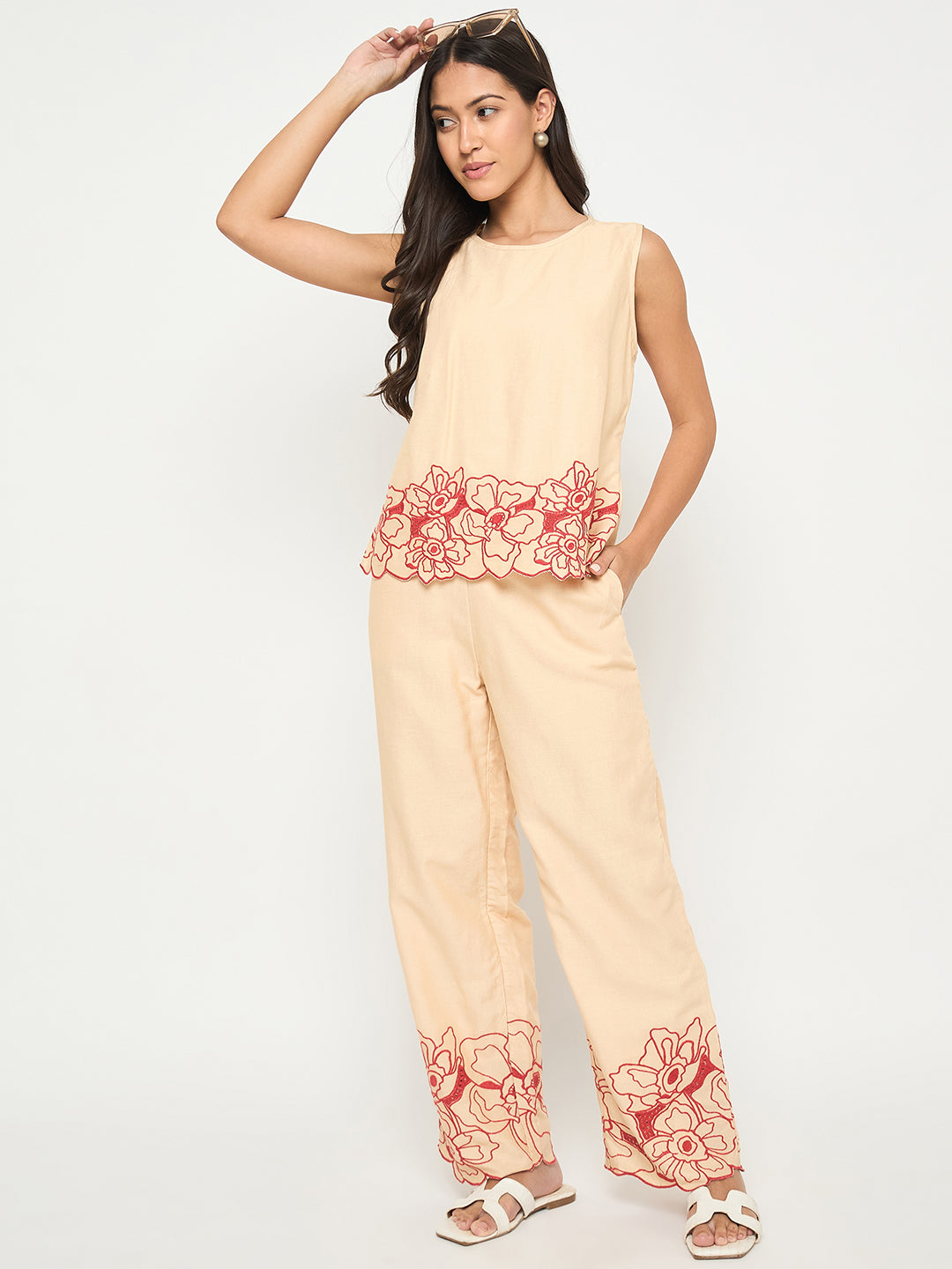 Madame Floral Embroidered Hem Top and Bottom Beige Co-ord Set color swatch