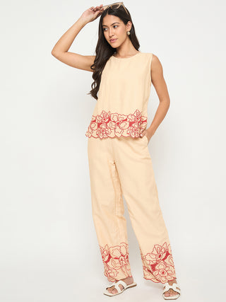 Madame Floral Embroidered Hem Top and Bottom Beige Co-ord Set