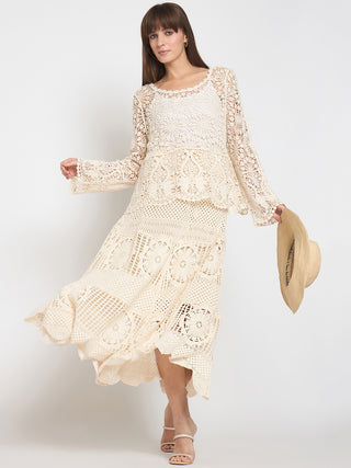 Madame Cotton Crochet Lace Tiered Beige Maxi Skirt