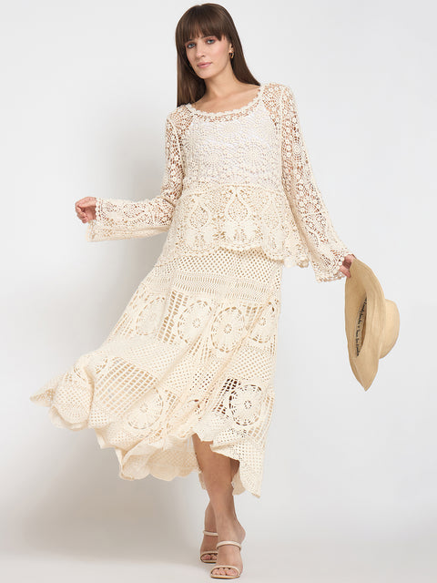 Madame Cotton Crochet Lace Tiered Beige Maxi Skirt