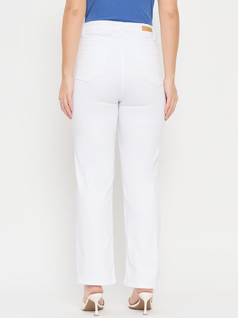 Madame White Cotton Straight Fit Whiskered Jeans