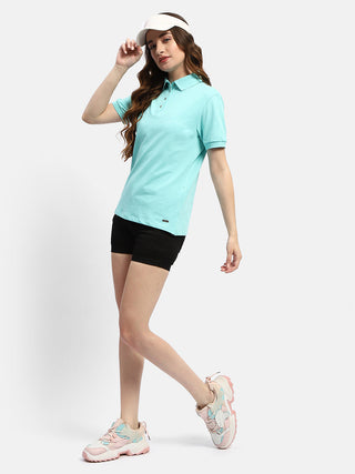 Madame Solid Aqua Blue Polo Neck T-Shirt