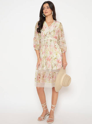 Madame Floral Print Laced Off White Mini Dress