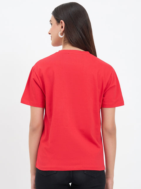 Madame Red Cotton Printed Half-Sleeve T-Shirt