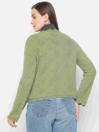 Madame Textured Scalloped Hem Green Knitted Top