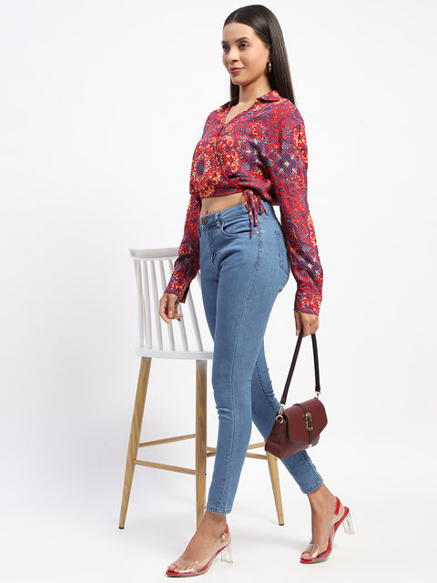 Madame Abstract Print Wrap Tie Detail Red Crop Top