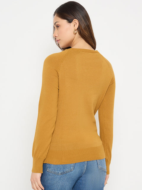 Madame V Neck Mustard Yellow Solid Sweater