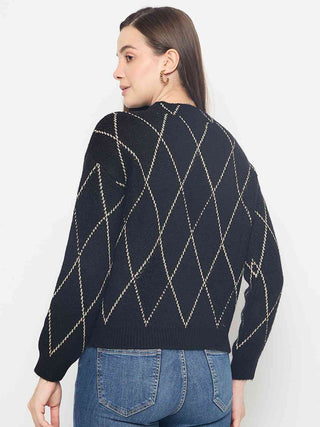 Madame Geometric Print Acrylic Blend Black Sweater