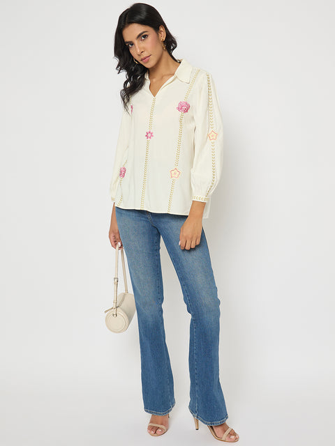 Madame Off White Viscose Blend Floral Embroidered Shirt
