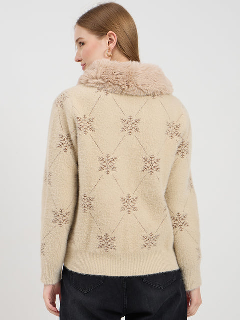 Madame Beige Printed Fur Collar Cardigan