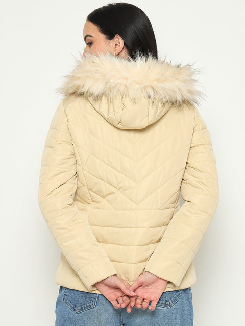 Madame Detachable Faux Fur Hood Beige Quilted Jacket