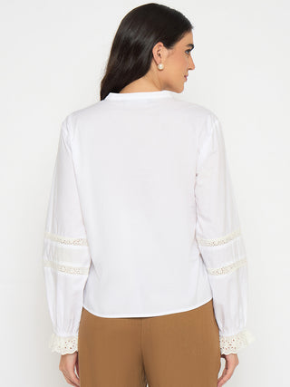 Madame Solid White Puff Sleeve Cotton Shirt