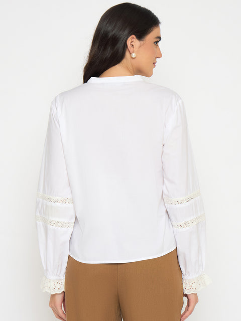 Madame Solid White Puff Sleeve Cotton Shirt