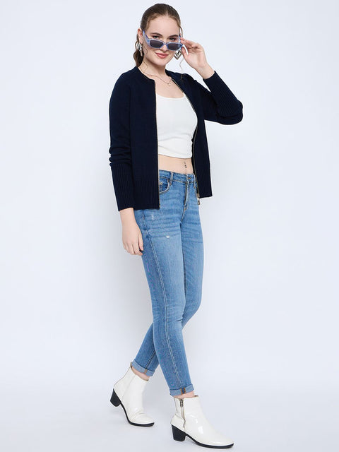 Madame Acrylic Blend Zipped Navy Blue Sweater