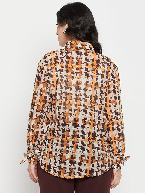 Madame Printed Beige Shirt With Cuff Sleeves