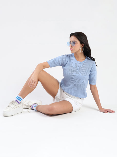 Madame Semi Sheer Botanical Pattern Sky Blue Knit Top