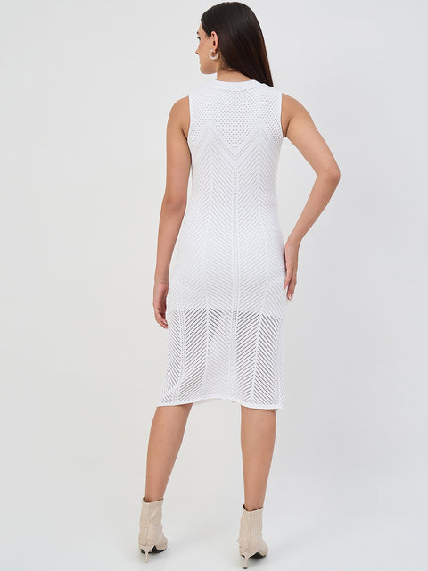 Madame White Cotton Knit Self-Design Bodycon Dress