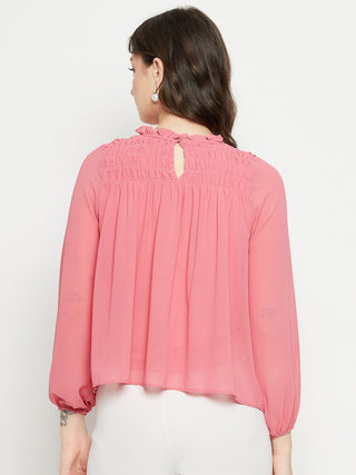 Madame Smocked Frill Neck Hot Pink Top