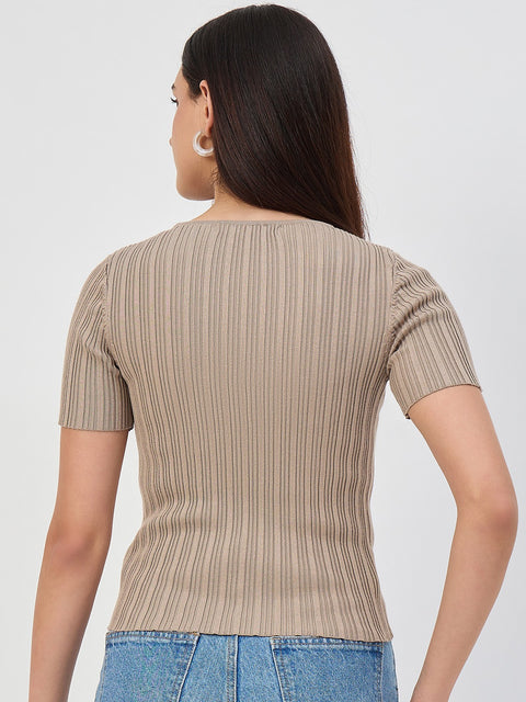 Madame Ash Grey Self-Striped Viscose Knit T-Shirt