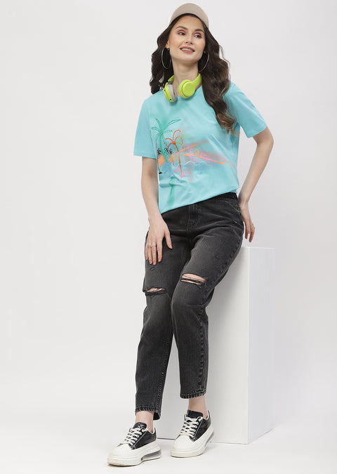 Madame Graphic Print Aqua Blue Regular T- Shirt