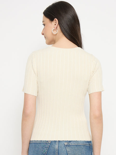 Madame Beige Viscose Blend Knitted T-Shirt